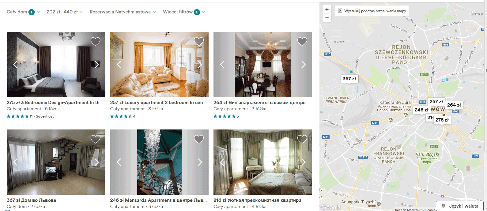 Wynajem na Airbnb - interfejs