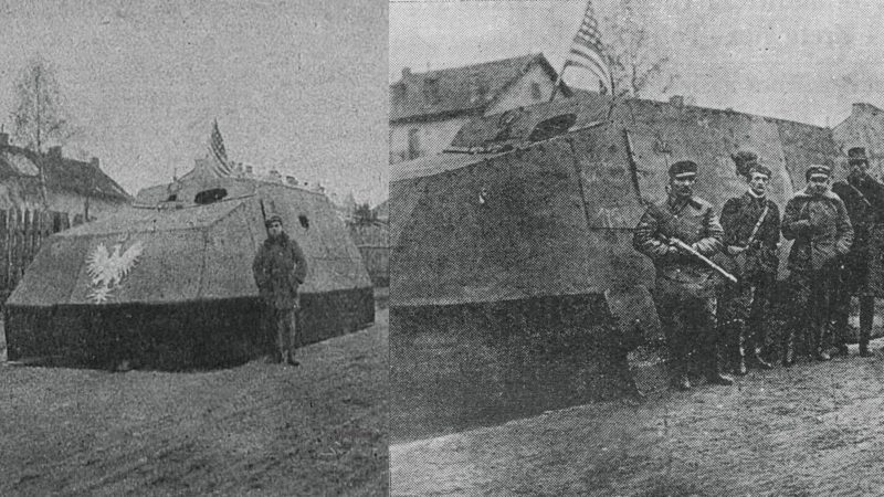 Improwizowany samochód pancerny Piłsudski. Ukończony 8 listopada 1918 roku, uszkodzony dzień później
